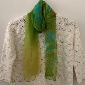 Green and Aqua Blue Floral Design Sheer Oblong Scarf